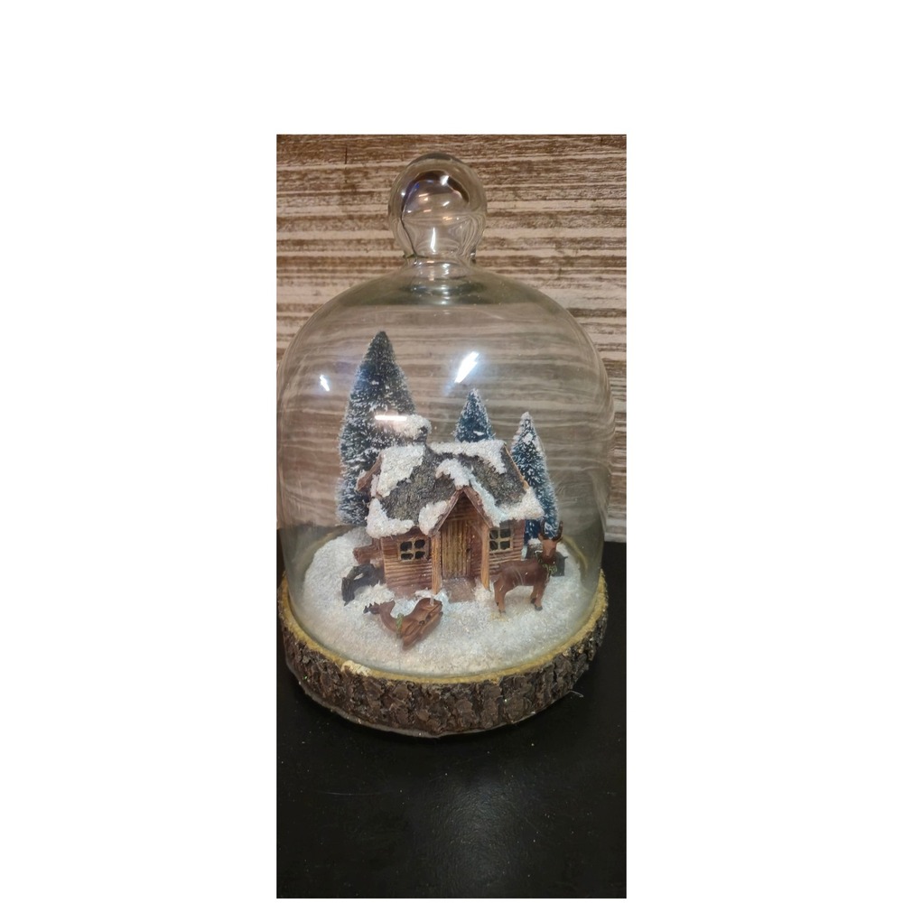 Light Up Christmas Cabin Glass Cloche Winter Village Scene Bark Base tested